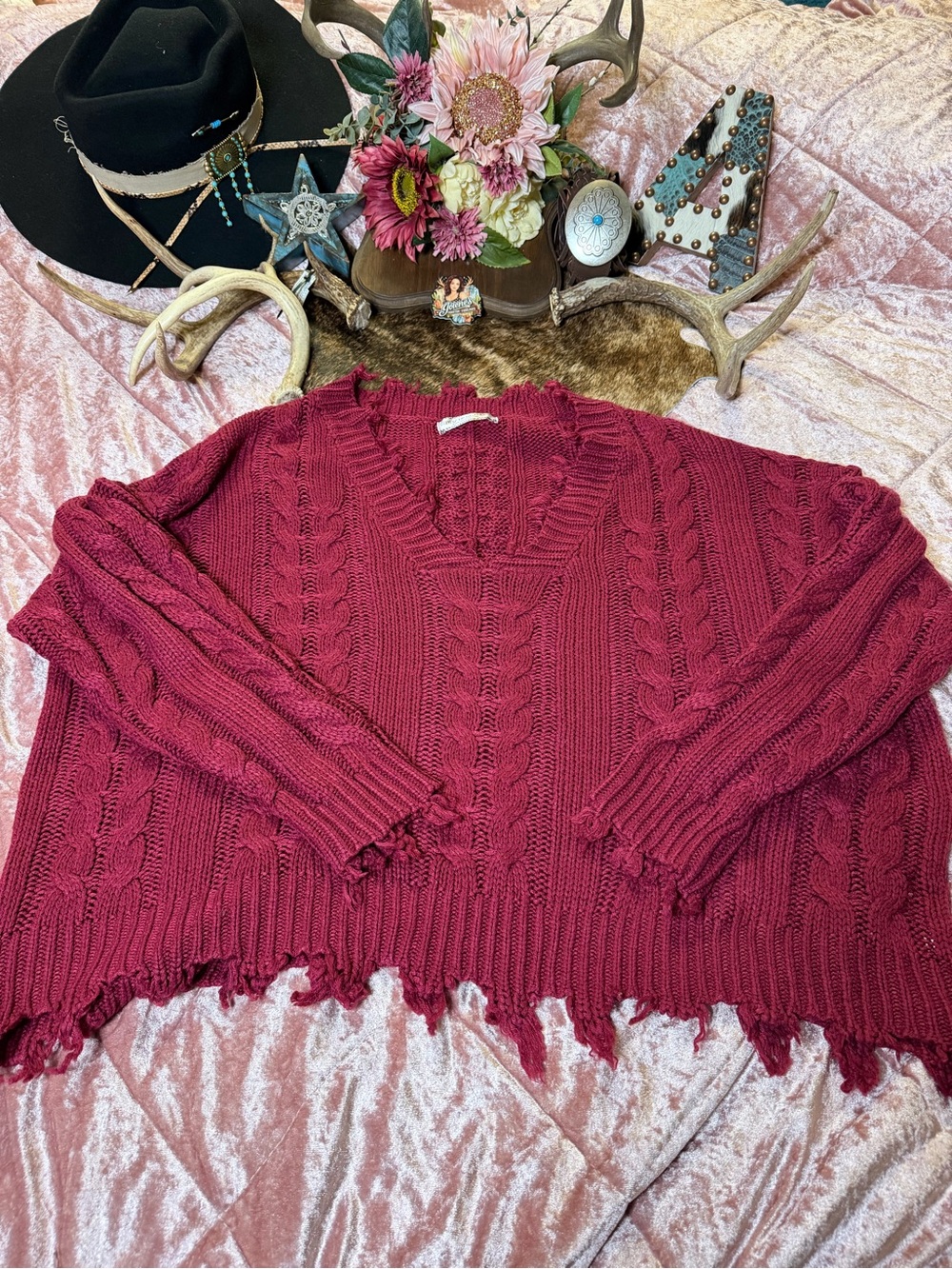 Giddy Up Glamour Burgundy Cable Knit Distressed Boho Western Sweater